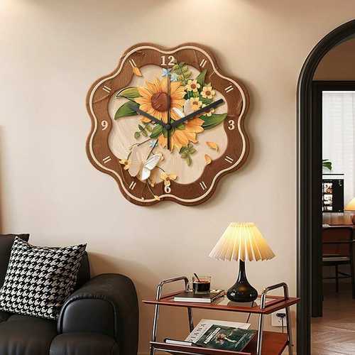 向日葵蝴蝶客厅装饰画带挂钟中古风复古花卉钟表挂画餐厅时钟挂墙