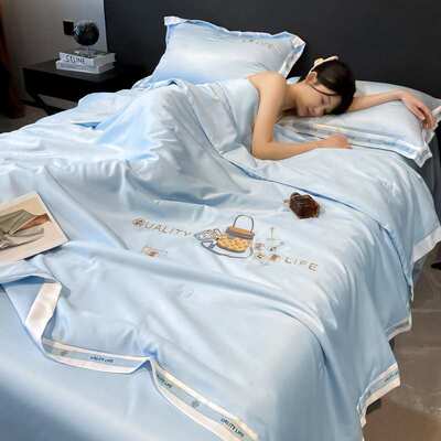 跨境亚马逊水洗真丝绣花床笠被套夏被四件套床上用品