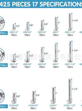 跨境425pcs 钻尾螺丝套装十字圆头沉头燕尾丝自攻钉自钻螺钉盒装
