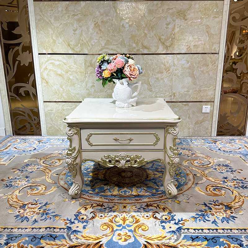 锐森贵族 法式小茶几 欧式实木雕花角几带抽屉暖灰色沙发边几客厅