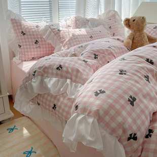 韩版 少女心水洗棉四件套公主风蝴蝶结蕾丝花边被套1.8m床小女孩
