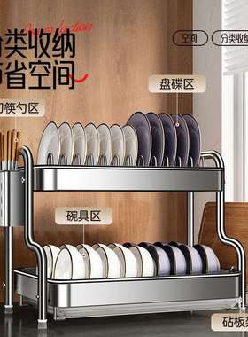 temu厨房置物架不锈钢碗碟沥水架台面双层3层餐具筷子砧板置物架