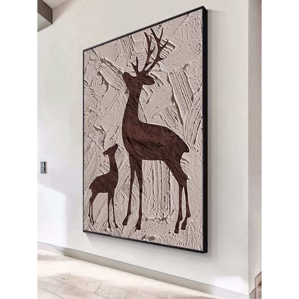 纯手绘小鹿抽象立体肌理装饰画玄关竖款大型油画绿色高端现代挂画