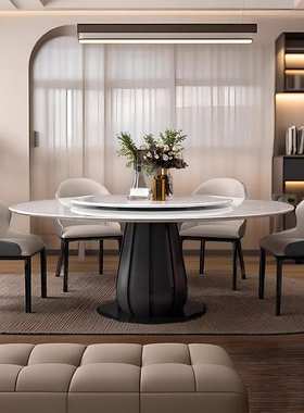 天然大理石圆形餐桌椅组合轻奢家用带转盘实木意式极简黑色圆桌子