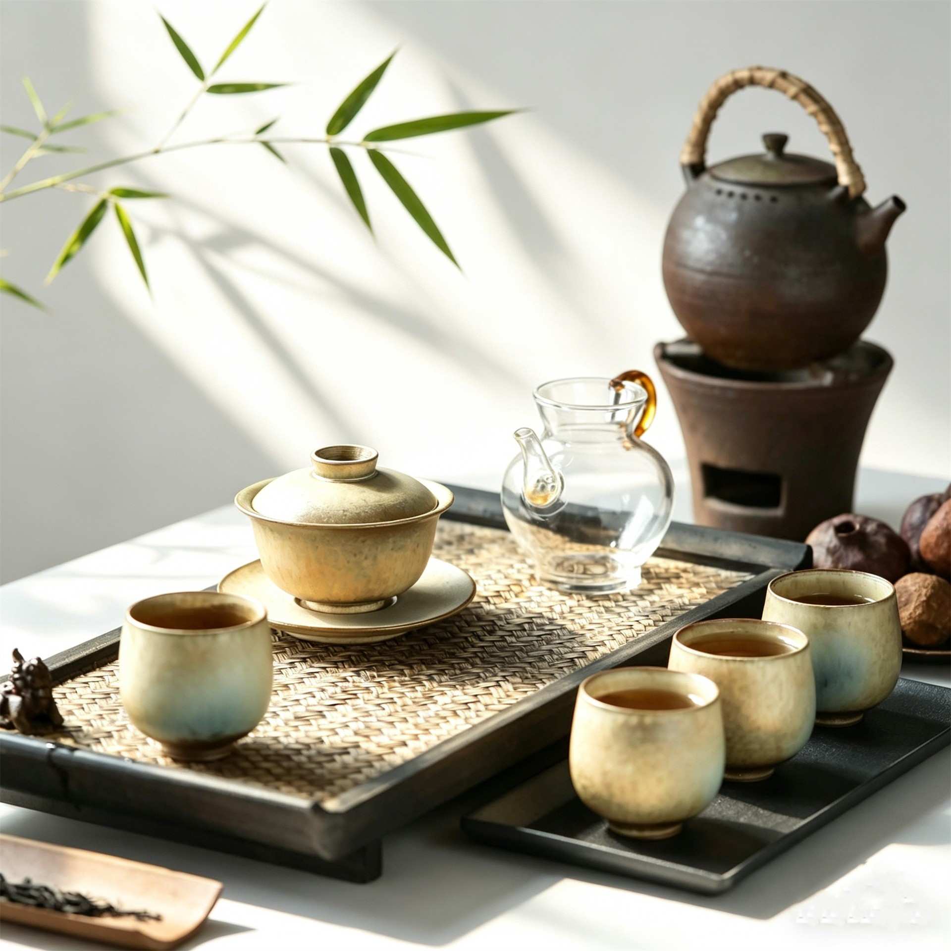 蓝色柴色极光三才盖碗景德镇手工窑变茶具套组160ml一碗四杯套装