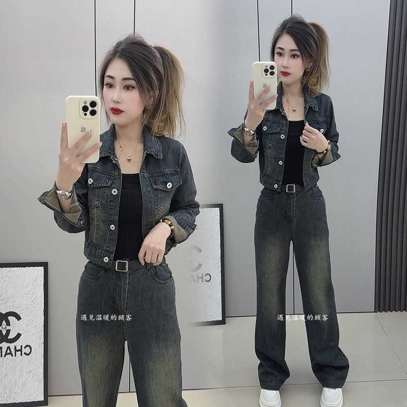 牛仔套装女2025春秋新款复古港风显瘦短款上衣夹克外套长裤两件套,女装/女士精品,时尚套装,淘宝优惠券,粉丝福利购,淘宝优惠卷