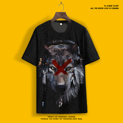 2024夏季新款短袖T恤男3D狼头印花图案半袖夏季冰丝体恤大码汗衫