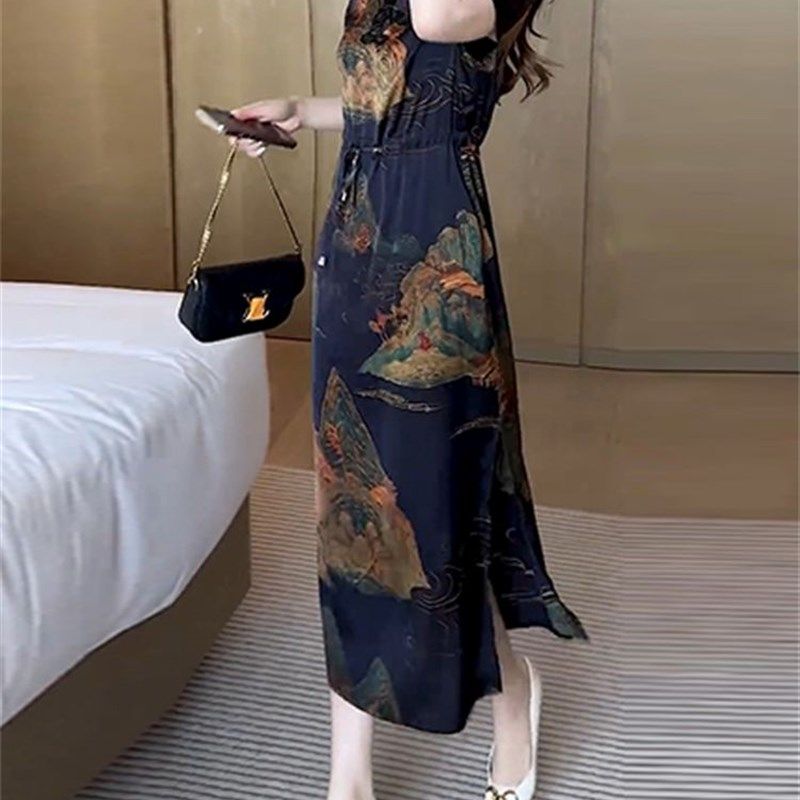 高级感新中式气质印花短袖连衣裙女2024夏季新款V领系带显瘦裙子,女装/女士精品,连衣裙,淘宝优惠券,粉丝福利购,淘宝优惠卷