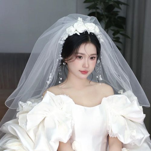复古风手工头花发箍长款头纱流苏双层蓬蓬纱结婚纱礼服写真欧式