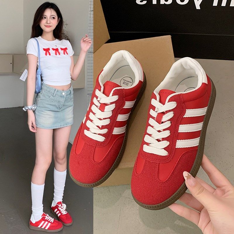 复古红色德训鞋女2025春秋韩版新款平底百搭小白鞋板鞋休闲运动鞋,女鞋,德训鞋,淘宝优惠券,粉丝福利购,淘宝优惠卷