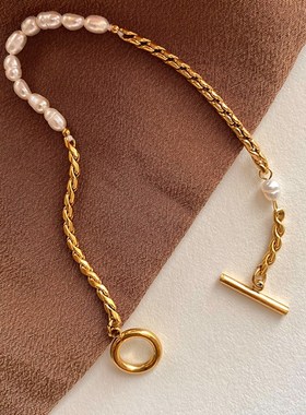 别样天然淡水珍珠链条不对称设计小众简约OT扣气质高级感手链女