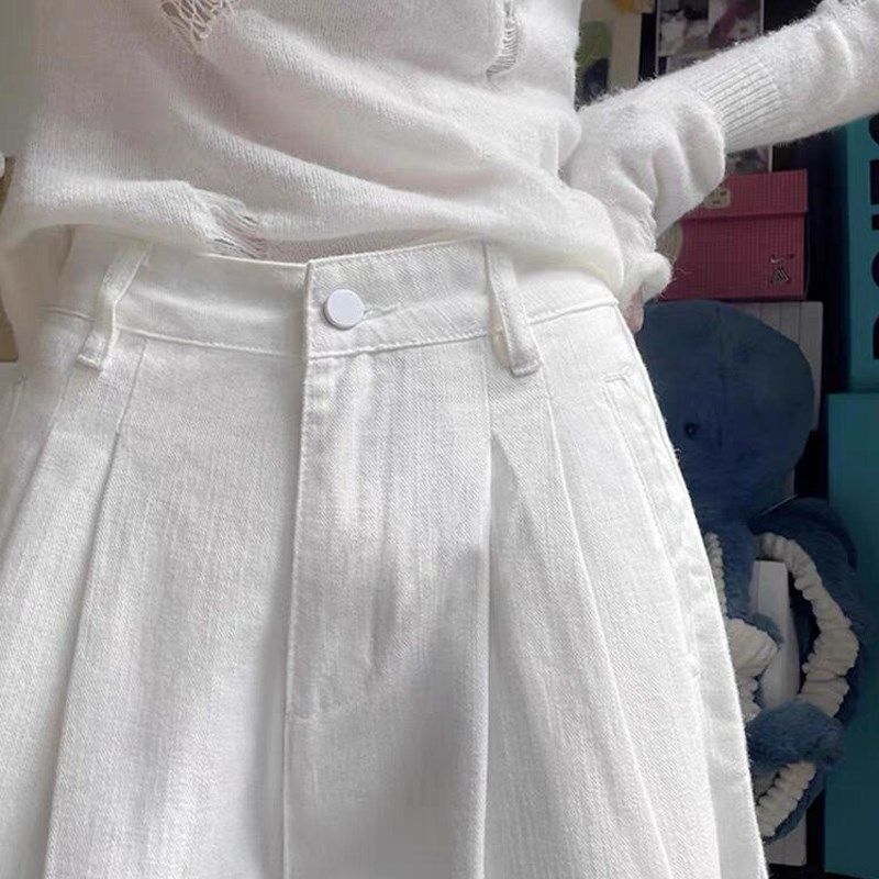 高腰白色褶皱阔腿牛仔裤女2025年春季新款宽松透气小个子直筒裤夏,女装/女士精品,牛仔裤,淘宝优惠券,粉丝福利购,淘宝优惠卷