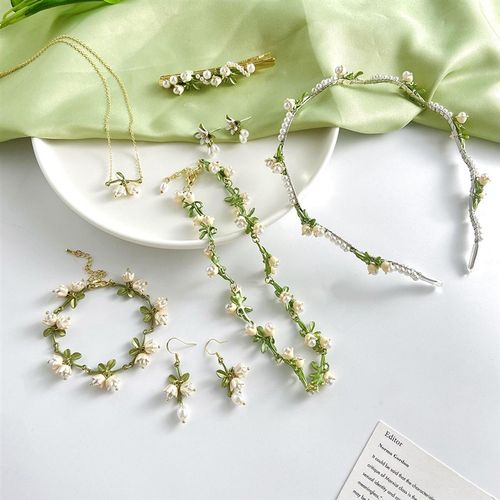 铃兰花耳钉耳环项链手链首饰套装三件套组合女森系小清新发夹发箍