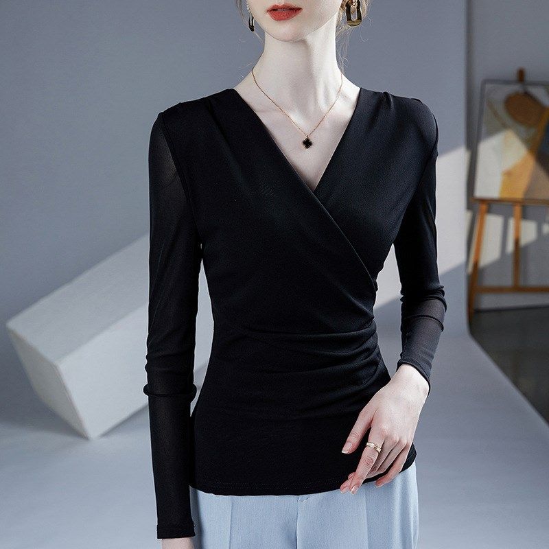 v领网纱t恤长袖别致交叉领打底衫女高级感黑色薄沙上衣舞蹈纱衣秋,女装/女士精品,T恤,淘宝优惠券,粉丝福利购,淘宝优惠卷