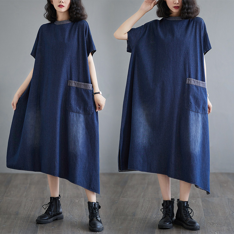 大码胖妹妹拼接大口袋牛仔连衣裙女夏季宽松显瘦不规则开叉牛仔裙,女装/女士精品,大码连衣裙,淘宝优惠券,粉丝福利购,淘宝优惠卷