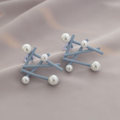 小清新超仙气质蓝色线条耳环女度假风时尚珍珠洋气无耳洞软垫耳夹