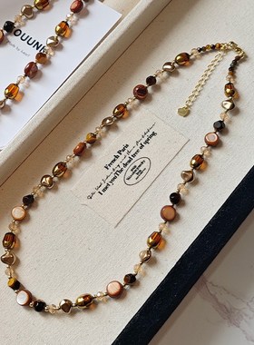 《焦糖奶咖》美拉德天然虎眼石咖色串珠项链女高级感轻奢小众颈链