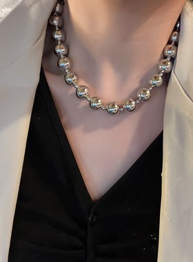 气质短款金属珍珠夸张串珠项链秋冬个性小众毛衣链百搭颈链锁骨链