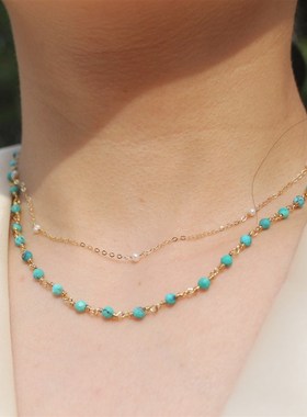 湖北原矿绿松石锁骨链 刻面切面极细颈链手工绕线法式少女风项链