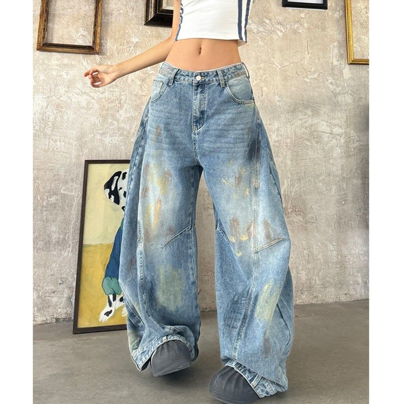 美式复古做旧脏染废土风弯刀牛仔裤女2025春夏新款宽松拖地阔腿裤,女装/女士精品,大码裤装,淘宝优惠券,粉丝福利购,淘宝优惠卷