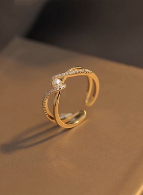 独特交叉珍珠戒指女款小众设计高级感食指戒时尚个性气质开口指环