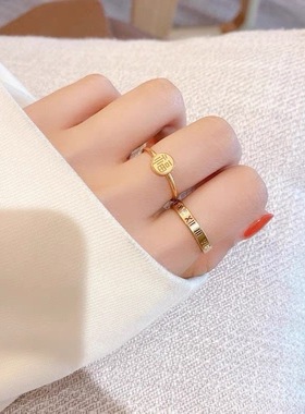 大号戒指女大码装饰指环福字磨砂招财转运金色粗手食指中指胖妹m