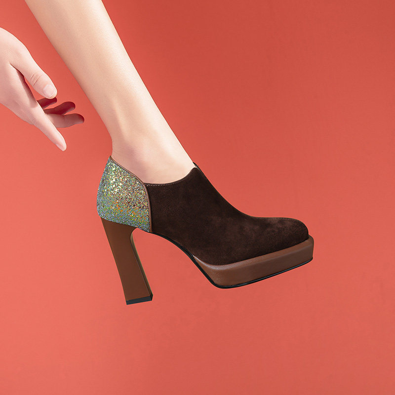 亮片拼接高跟鞋女厚底2025春季新款超高跟防水台磨砂绒面深口单鞋,女鞋,深口单鞋,淘宝优惠券,粉丝福利购,淘宝优惠卷