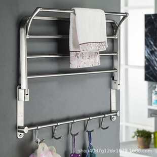 304不锈钢拉丝可折叠浴巾架卫生间置物架打孔带挂钩5060长毛巾架