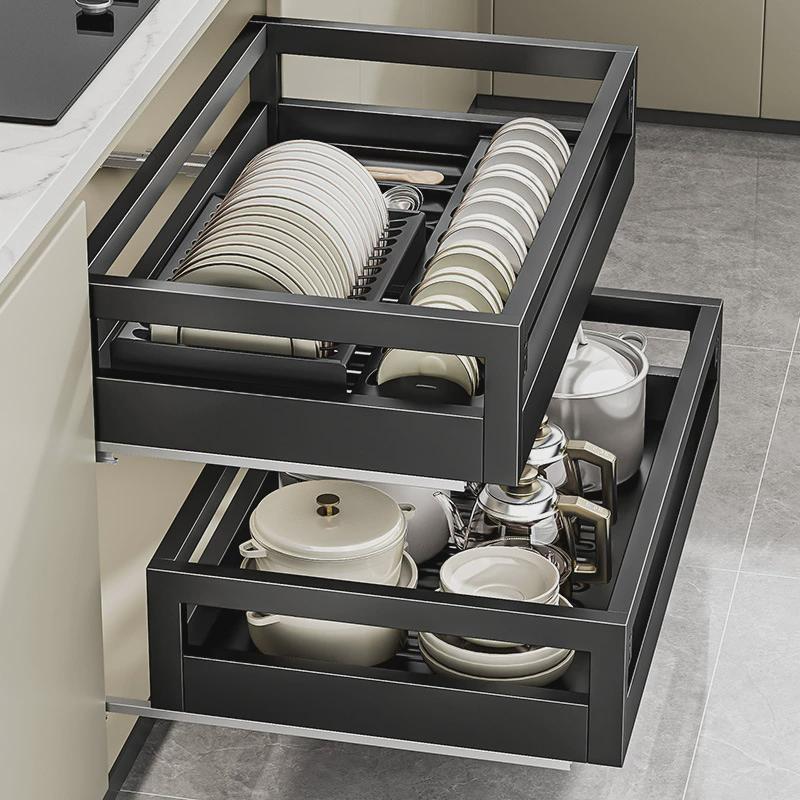 简约厨房拉篮橱柜304不锈钢双层抽屉H式碗柜架收纳碗盘内置碗碟篮