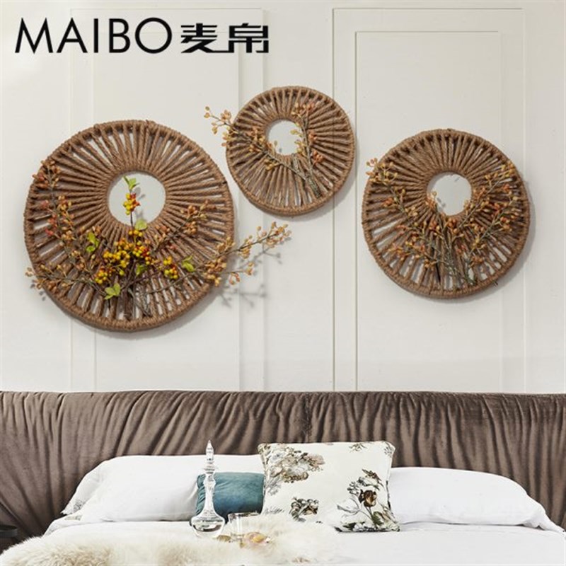 中式藤编圆形壁饰墙上民宿挂件A客厅背景墙墙面麻绳壁挂挂饰装饰