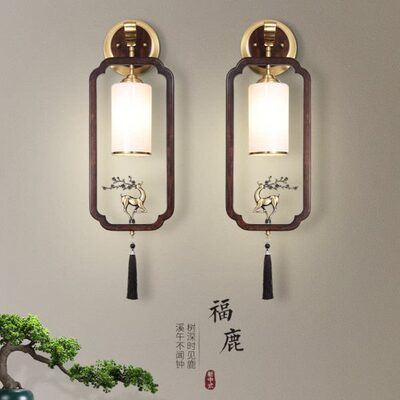 灯具全铜鹿左右禅意福新中式壁灯头灯实木中国风卧室床客厅背景墙