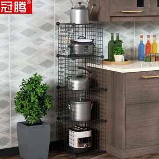 的铁锅电饭锅收纳架落多功能微波炉竖盆置物架厨房厨具角架子盖放