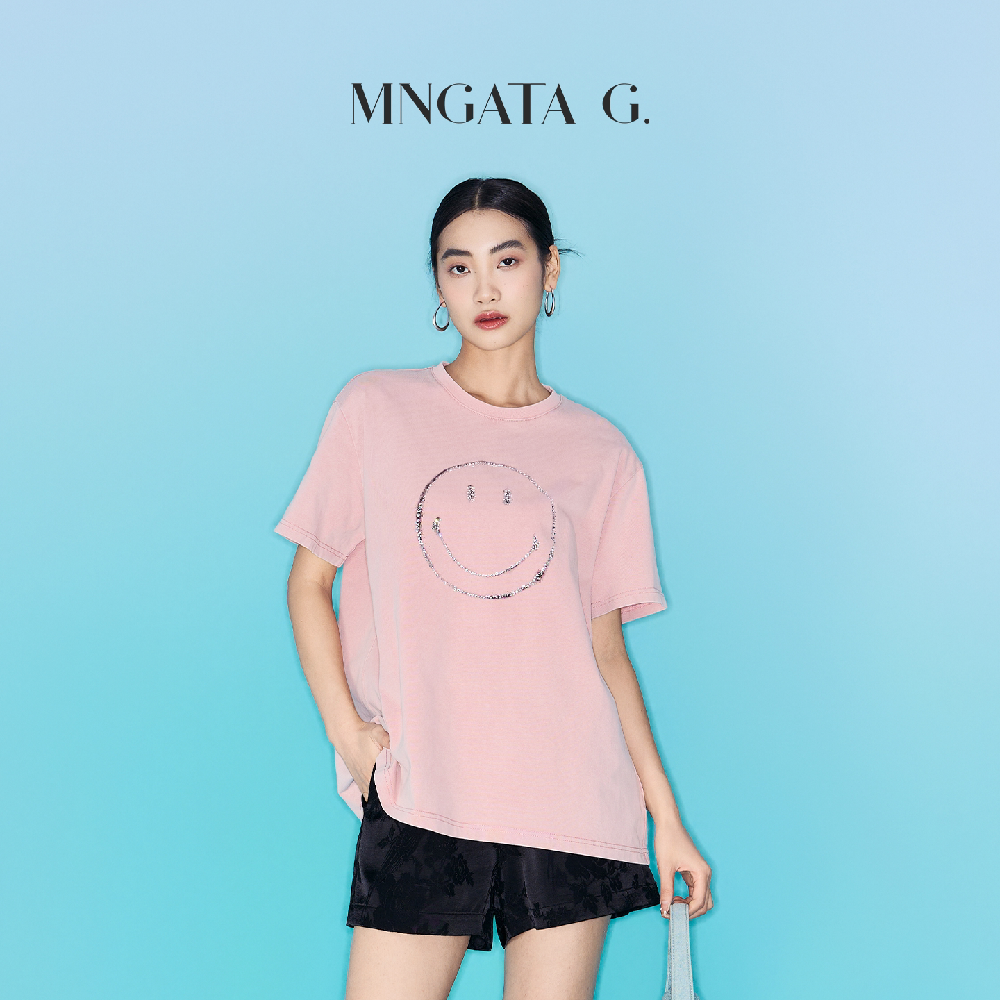 MNGATA G./曼加塔【 笑脸T】 100%棉印花烫钻宽松休闲短袖上衣