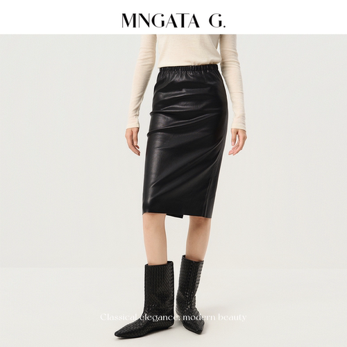 MNGATA G./曼加塔【羊皮·弹力裙】松紧腰哑光包臀开叉中长裙