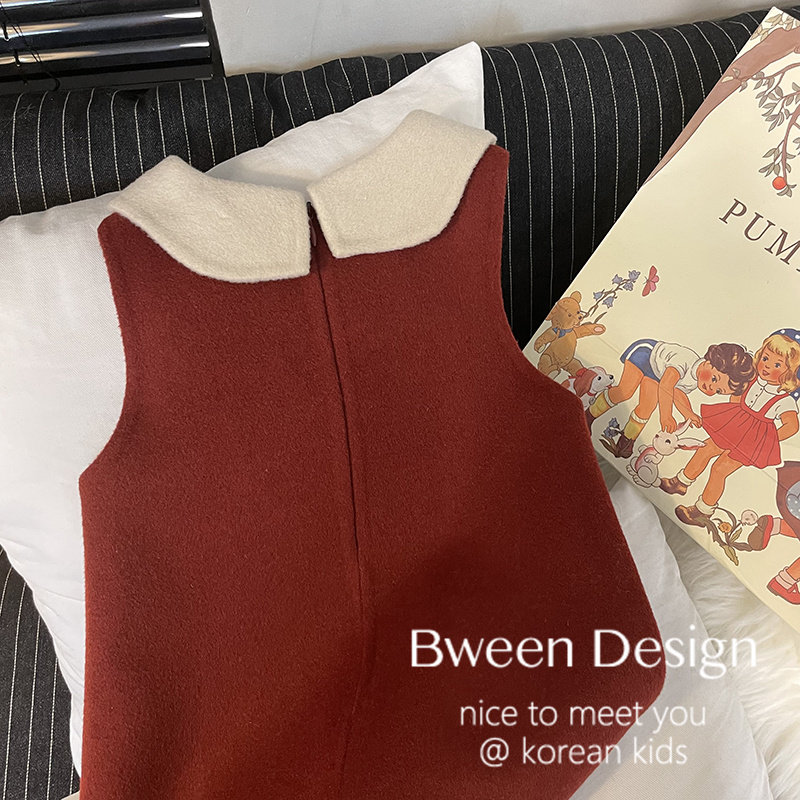 女童吊带裙秋冬洋派童装儿童红色过年服双面呢洋装保暖裙子