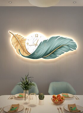 轻奢餐厅钟表装饰画创意发光羽毛壁画现代简约饭厅led灯时钟挂画