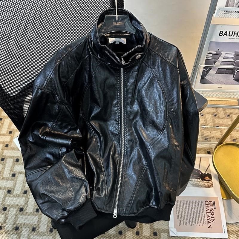 高级感机车风PU皮衣外套男装炸街美式解构垫肩运动皮夹克翻领短款