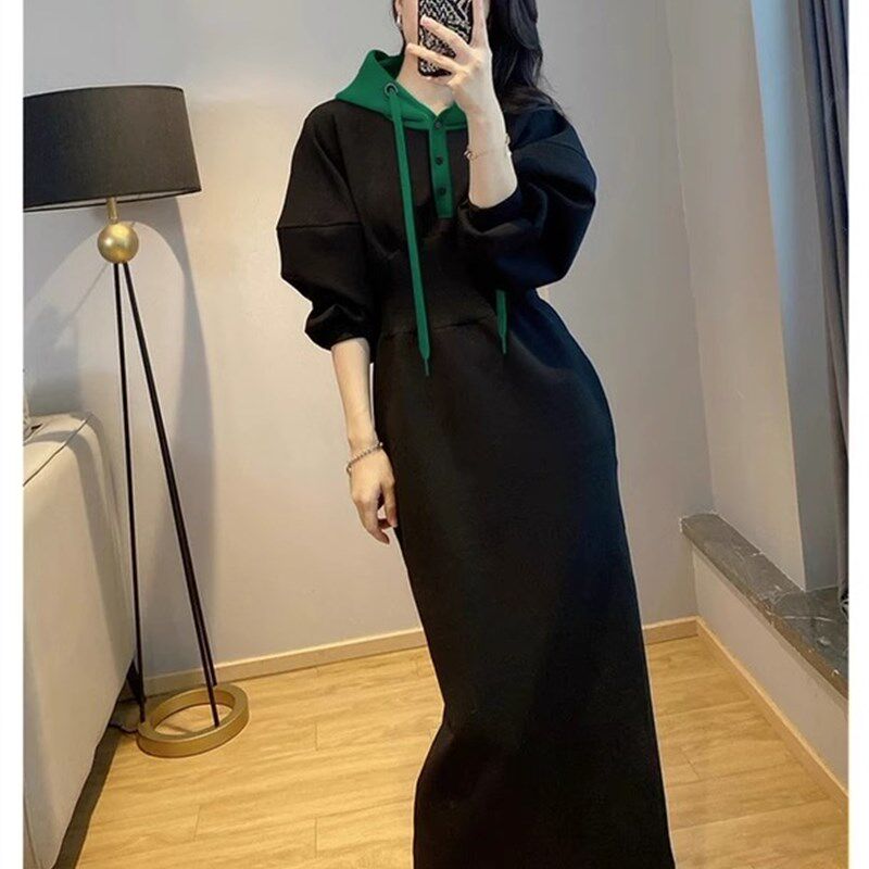 大尺码胖mm300斤黑色连帽运动衫洋装中长版收腰复古裙子女春秋潮2