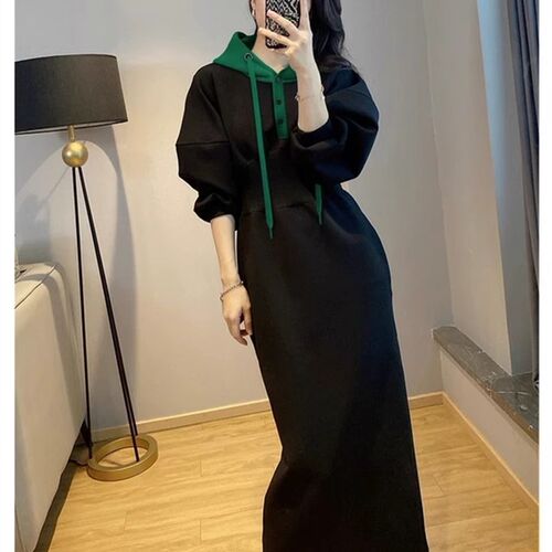 大尺码胖mm300斤黑色连帽运动衫洋装中长版收腰复古裙子女春秋潮2