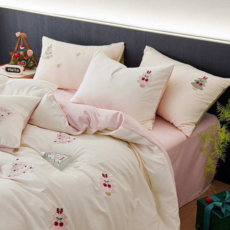 冬日礼物卡通少女心全棉磨毛四件套纯棉圣诞树被套床单床笠床品