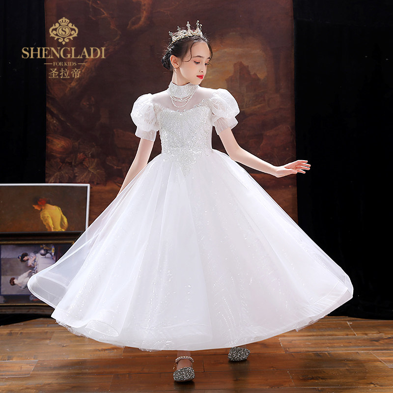 花童婚礼小女孩礼服儿童公主裙白色婚纱女童钢琴演奏主持人演出服