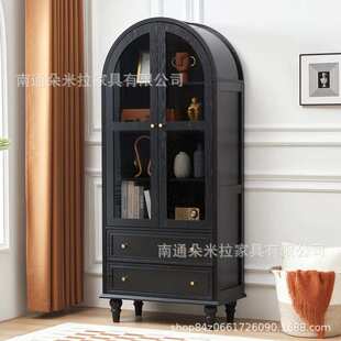 RH美式实木书柜现代简约落地酒柜北欧餐边柜法式复古拱形装饰柜
