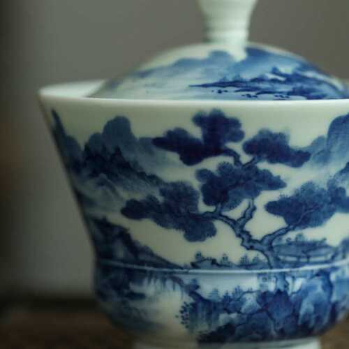 重工山水茶器景德镇手绘仿古青花手拉坯防烫泡茶碗仿宋束腰盖碗