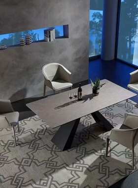 轻奢岩板餐桌黑色x型腿餐桌家用餐桌椅2024新款高级饭桌简约现代