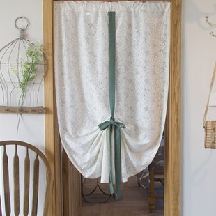 自然清新小树叶提花白色加厚加密透光不透人门帘系带窗幔隔断提拉