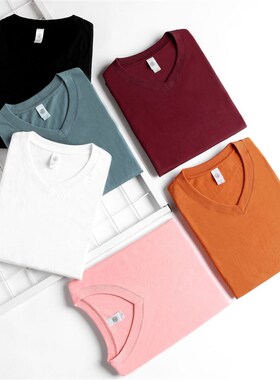 210g白色重磅V领纯棉t恤男女纯色宽松简约短袖男t恤衫男装夏季