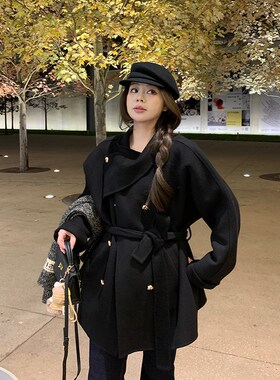 NAZ那子大码冬季千金手工双面呢羊毛大衣围脖领系带胖mm毛呢外套