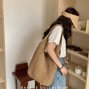 慵懒风单肩大容量斜挎草包女夏帆布袋海边度假沙滩编织包包草编包