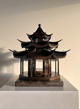 中国古建筑木模型中式古代木质拼装建筑成品古铜色模型摆件