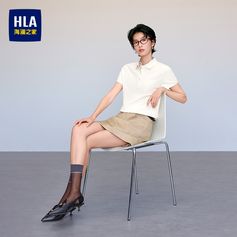 HLA/海澜之家短袖POLO衫2026春夏新款翻领微弹质感印花上衣女装